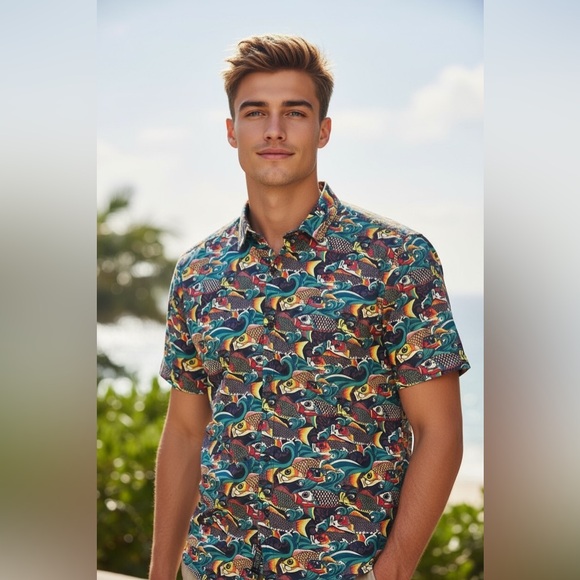 WeSC Men's M Women’s Large SS Oden Koi AOP Japanese Pattern Multicolor Shirt New - Picture 2 of 12